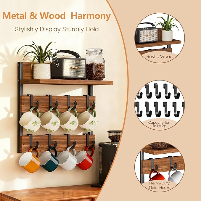 2-in-1 Coffee Cup Holder Wall Mounted, 4-Tier Coffee Mug Holder Wall Mount - Image 9