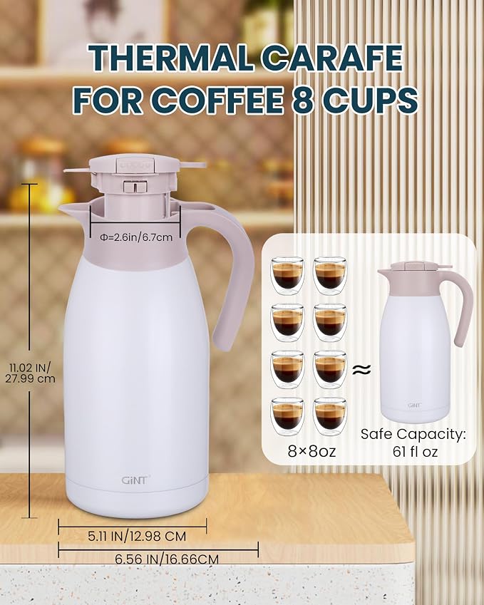 GiNT 1.9L / 64Oz Thermal Coffee Carafe, Insulated Stainless Steel Coffee Carafes - Image 6