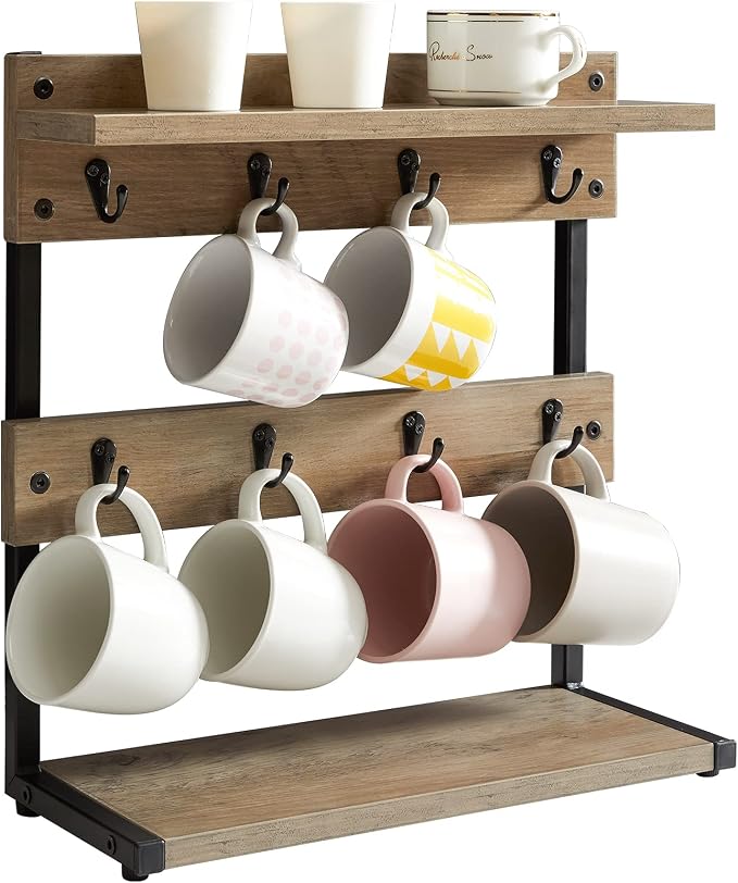 IBUYKE Rustic Coffee Mug Holder Stand, 2 Tier Countertop Mug Tree Holder Rack by IBUYKE