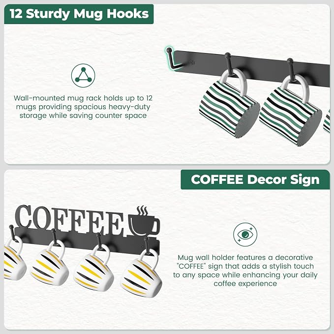 EsLuker.ly Mug Holder Rack Coffee Cup Hanger Wall Mount, Metal Wall Cup Shelf - Image 4