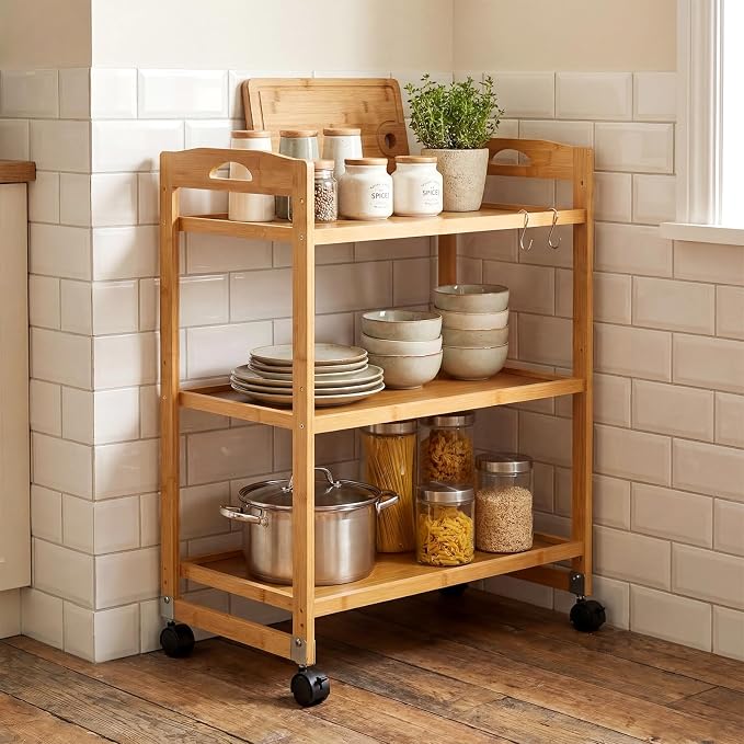 Giantex 3-Tier Rolling Storage Cart, Bamboo Utility Cart w/ 3 Side Hooks & - Image 2
