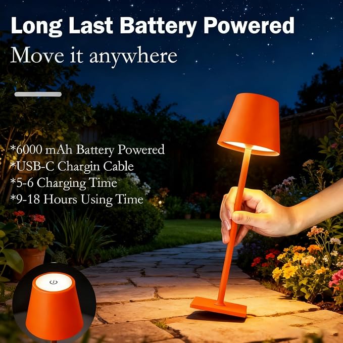 Orange Rechargeable Table Lamp Set of 2, Small Led Cordless Table Lamp - Image 2