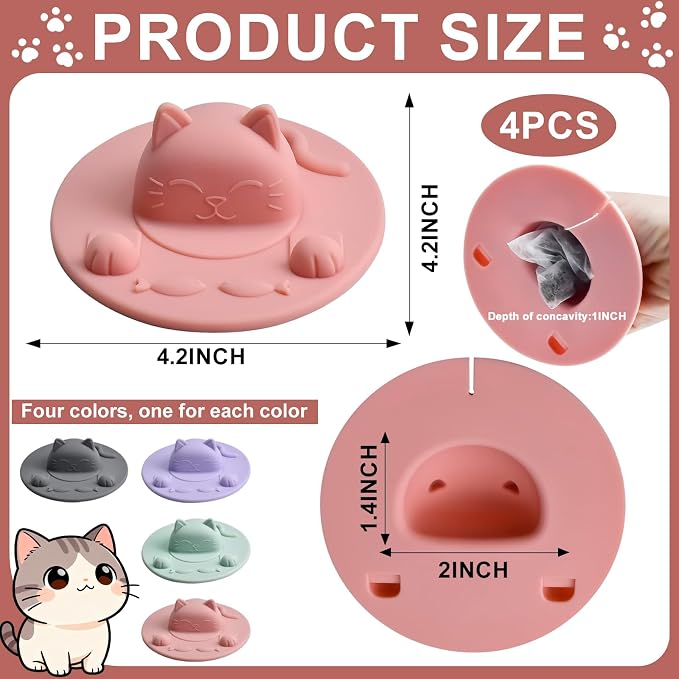 Enenes 4 Pack Silicone Tea Bag Holder and Squeezer, 4 Inch Cat-Shaped Cup Lid - Image 2