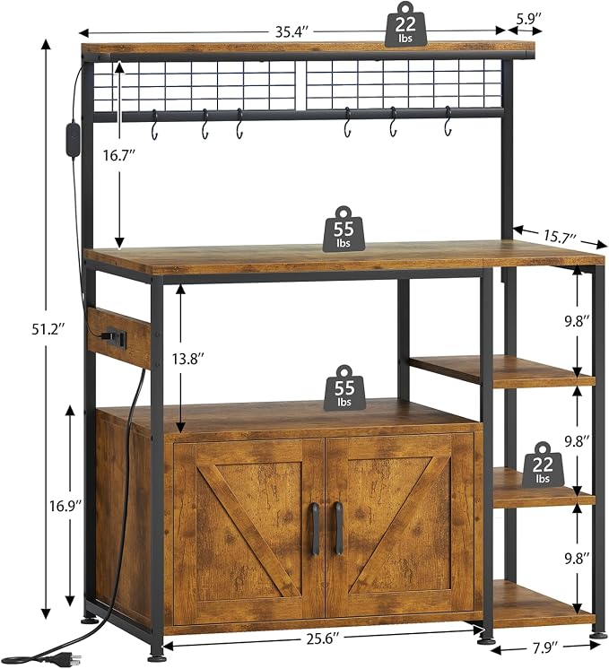 TVU Bakers Rack with Power Outlet and LED Light, Microwave Stand with Storage - Image 2