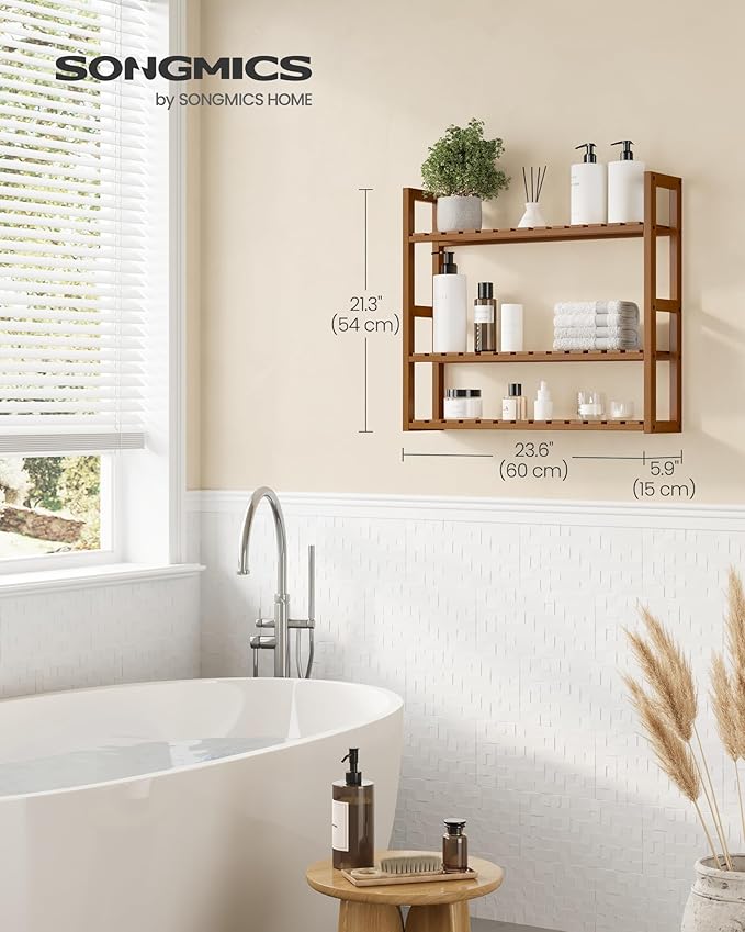 SONGMICS Bamboo Bathroom Shelf, 3-Tier Adjustable Plants Rack, Wall-Mounted or - Image 3