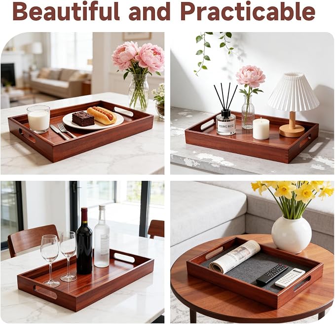 Acacia Wood Serving Tray with Handles, 17 x 12 Inch Large Wooden Tray - Image 5