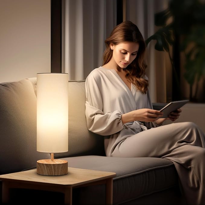Touch Table Lamp with Metal Base Covered with Wood Grain, 3 Way Dimmable - Image 5