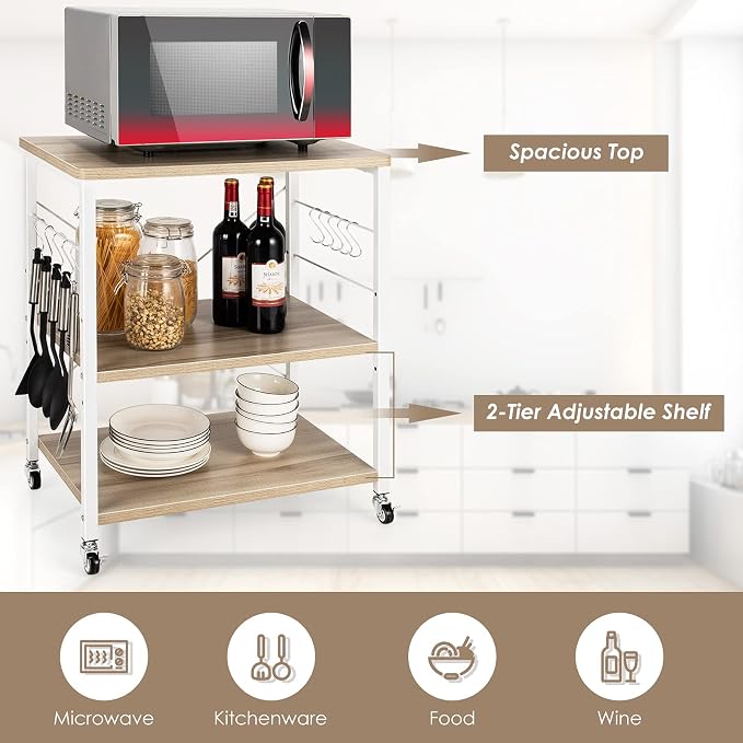 Giantex Kitchen Bakers Rack 3-Tier Microwave Cart on Wheels, Industrial Utility - Image 4