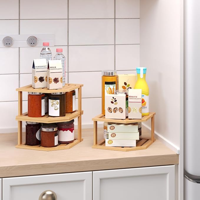 VERTORGAN Bamboo Corner Shelf, 2 Tier Plate Organizer - Image 5