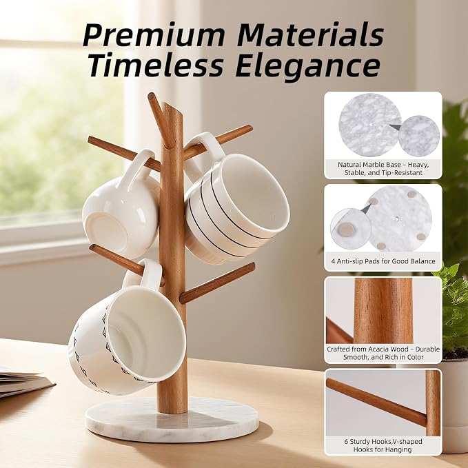 Acacia Wood Mug Tree, Marble Base Coffee Mug Tree - Image 6