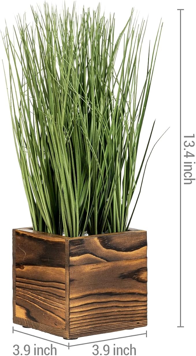 MyGift Artificial Green Grass Plants Trio in Rustic Burnt Solid Wood Planter - Image 5