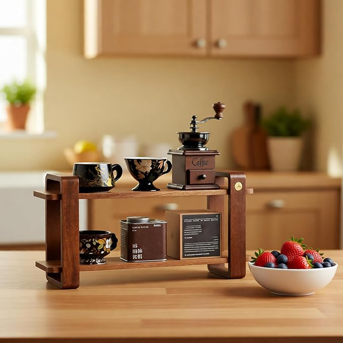 Coffee Station Organizer for Kitchen Countertop Mug Holder 2 Tier Wooden Cup - Image 6