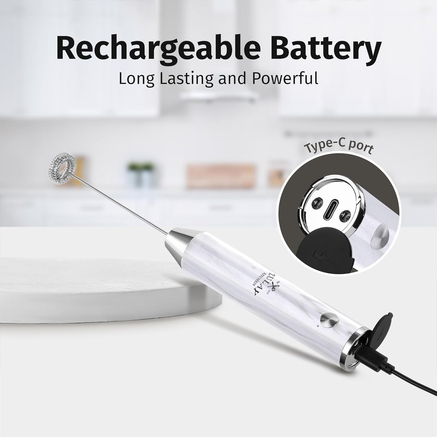 Zulay Kitchen Lux Rechargeable Milk Frother Handheld - Powerful 2-Speed Motor, Fully Waterproof, 2000mAh Battery - Drink Mixer For Latte, Cappuccino, Matcha, Protein Powder - White Marble
