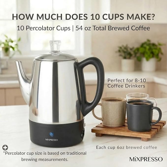 Mixpresso 10 Cup Percolator Coffee Pot Electric, Stainless Steel Coffee - Image 4