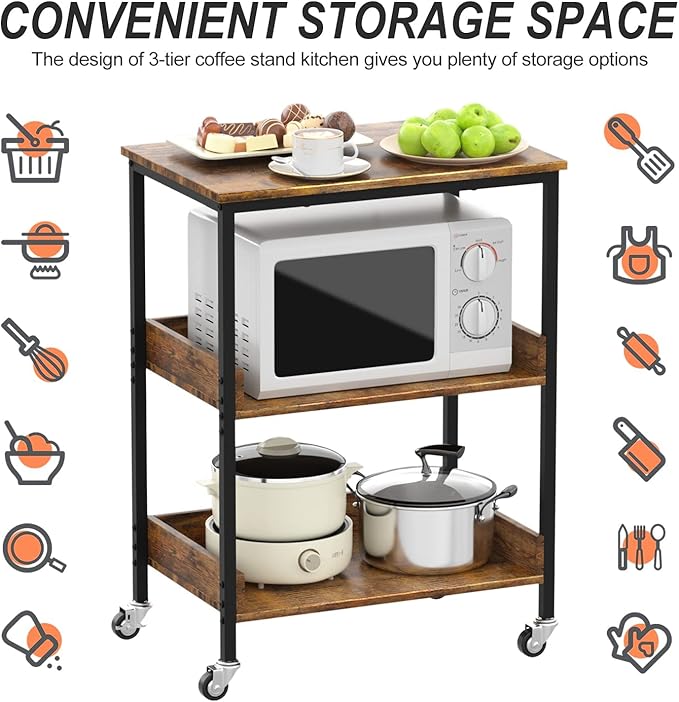 ASTARTH Kitchen Microwave Cart, 3 Tier Rolling Utility Cart on Wheels Coffee - Image 4