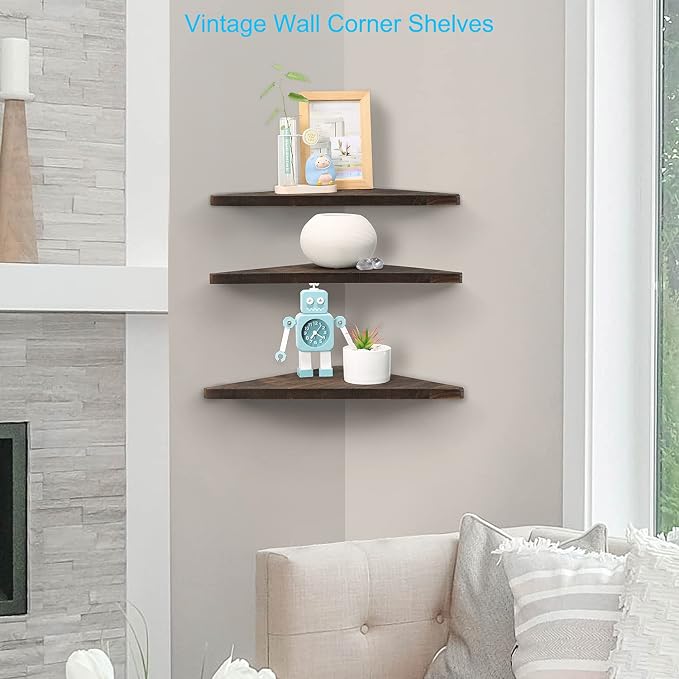 Joiishom Corner Wall Shelf Set of 3, Floating Corner Shelves, Rustic Wood Wall - Image 4
