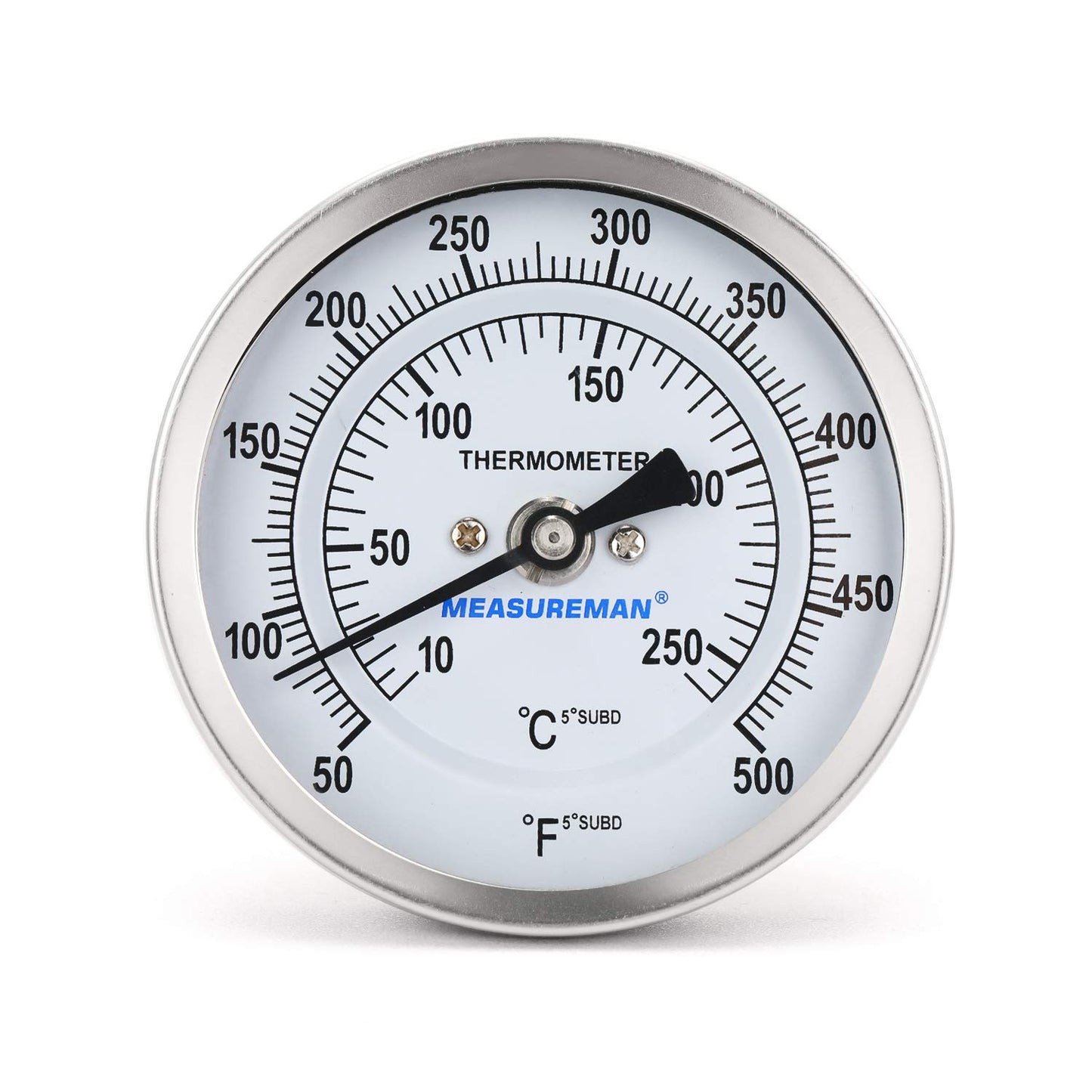 Measureman Fully Stainless Steel Bimetal Dial Thermometer, 3" Dial, 2-1/2" Stem, 50-500 deg F/10-260 deg C, -1% Accuracy, Adjustable, 1/2" NPT Back Mount
