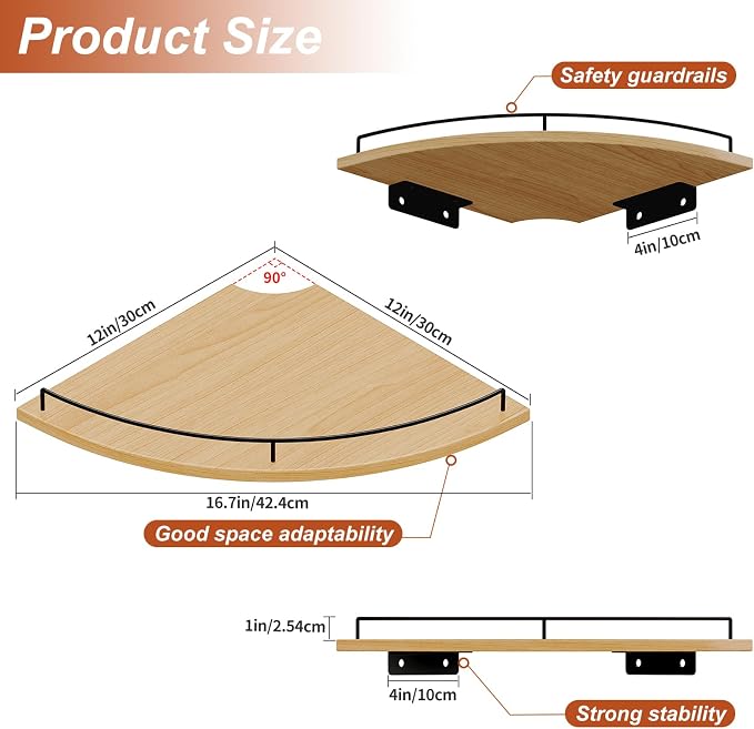 JJL Corner Shelf Wall Mounted, 12 Inches 2-Tier Floating Corner Shelf, - Image 2