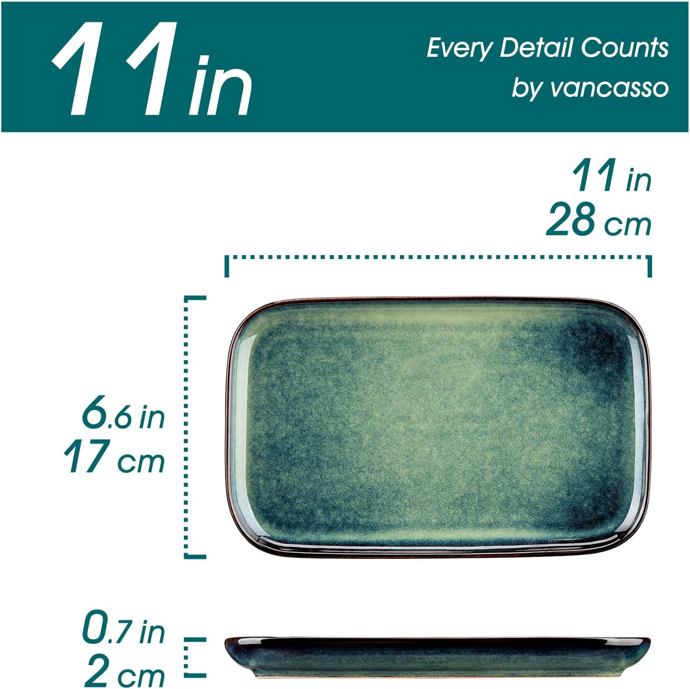 vancasso Stern Serving Platters Set of 4, 11 Inches Rectangular Ceramic Serving Plates, Green Serving Trays for Entertaining