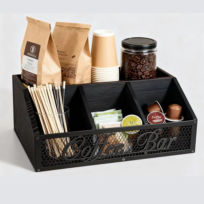 Coffee Station Organizer, Rustic Farmhouse Wood Condiment Storage Basket by DearyHome