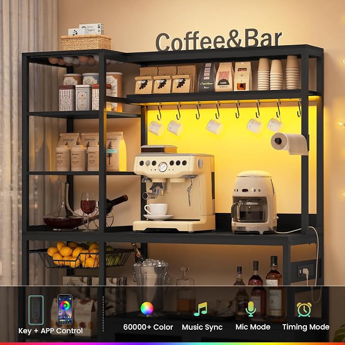 47.2 in Bakers Rack with Power Outlet & LED Light, Coffee Bar with Coffee Pod - Image 3