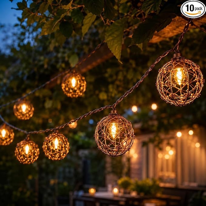 Abeja LED Outdoor Patio Lights, 8.5Ft Beaded Copper Wire Ball Style Lantern by Abeja