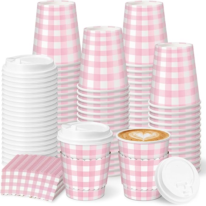 Mimorou 48 Set Pink Gingham Disposable Coffee Cups by Mimorou