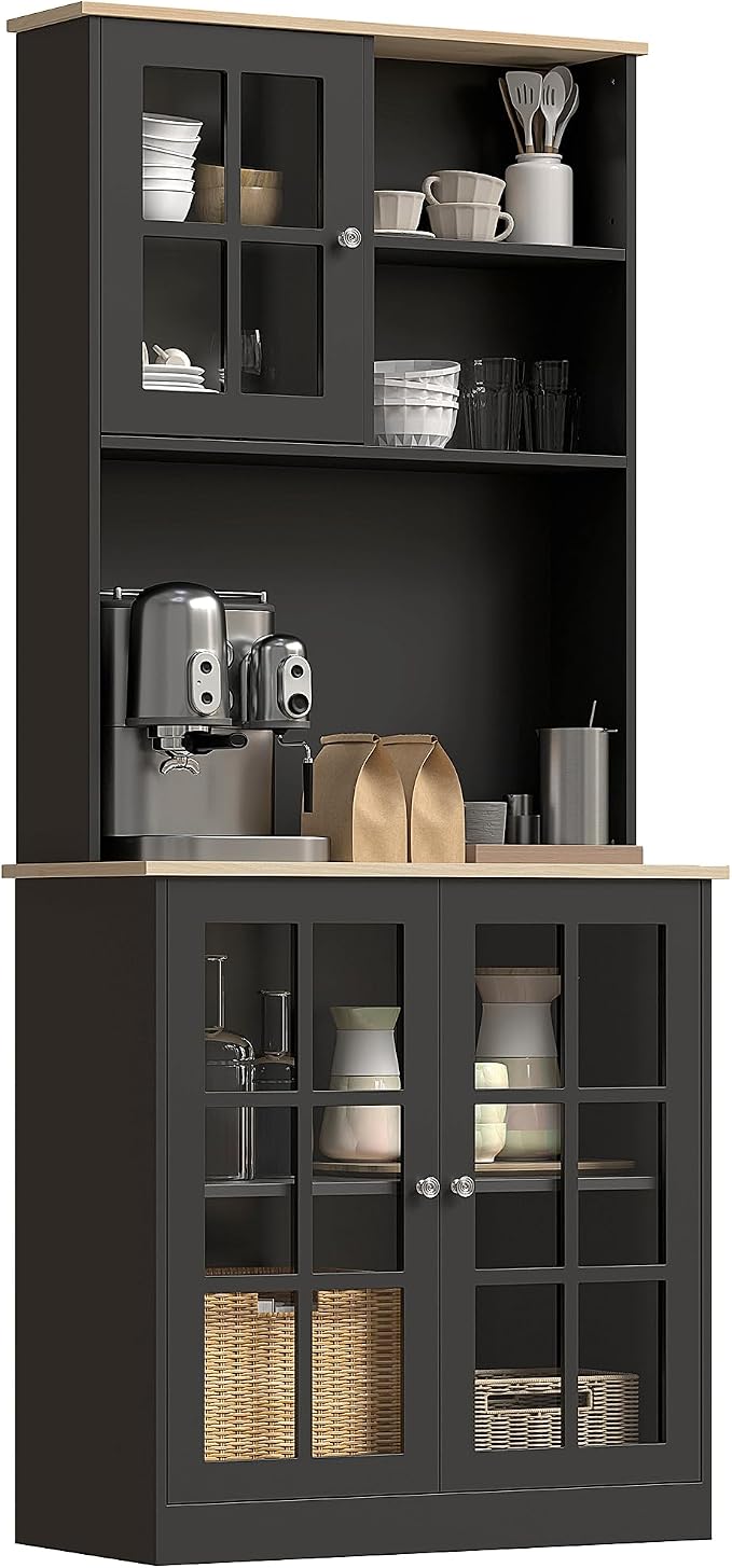 HOMCOM Kitchen Pantry Storage Cabinet, Large Countertop, Glass Doors and by HOMCOM