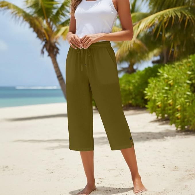 Straight Leg Capri Linen Pants for Women Elastic Waist Drawstring Pant Summer - Image 2