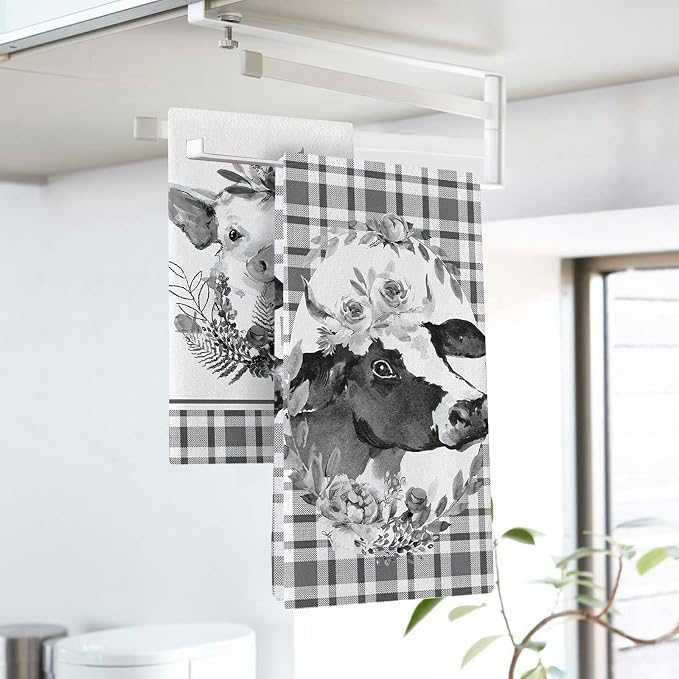 Farm Animal Kitchen Dish Towels Set of 2, Farmhouse Pig Cow Black White Buffalo - Image 3