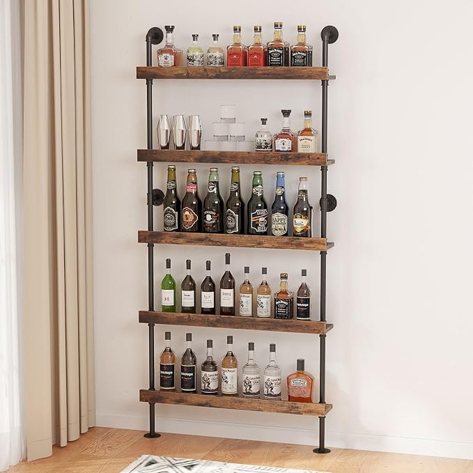 5-Tier Wall Mounted Wine Rack, Floating Bar Shelves, Liquor Bottle Shelf Display - Image 3
