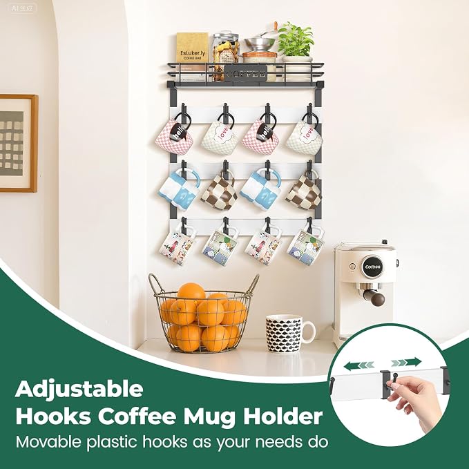 EsLuker.ly Coffee Mug Holder Wall Mounted Display Rack, Metal Cup Hanger - Image 2