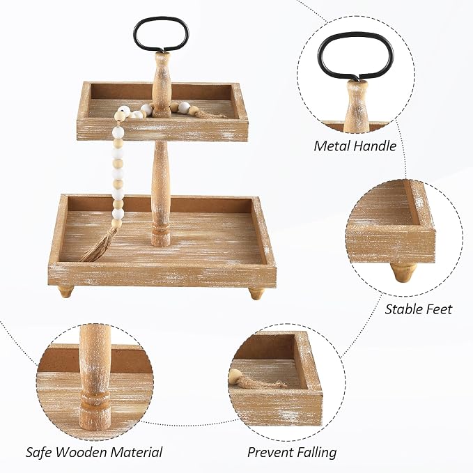 Tiered Tray Stand, Rustic Wooden 2 Tier Decorative Tray - Image 4