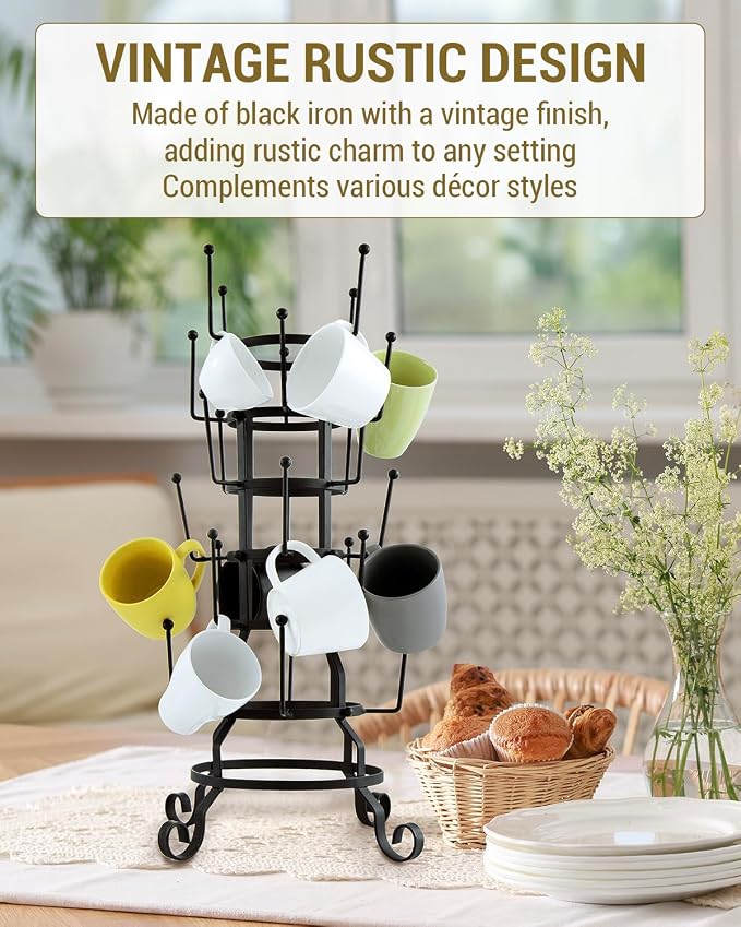 MyGift 24-Hook Rustic Black Iron Coffee Mug Holder, Tea Cup Display Stand - Image 2