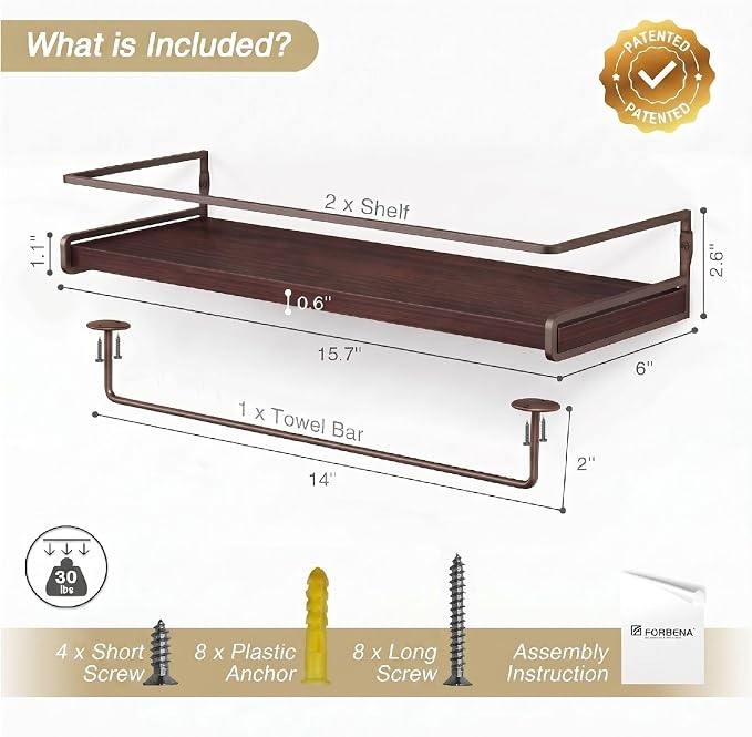 Forbena Dark Brown Kitchen Shelves Wall Mounted Set of 2, Walnut Brown Floating - Image 3