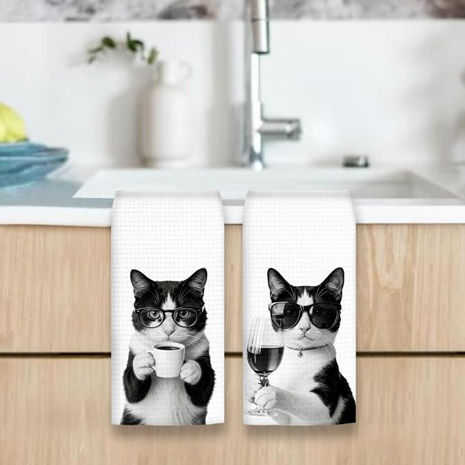 Tuxedo Cat Gifts Coffee Wine Kitchen Towels Set of 2, Coffee Kitty Dish Tea - Image 6