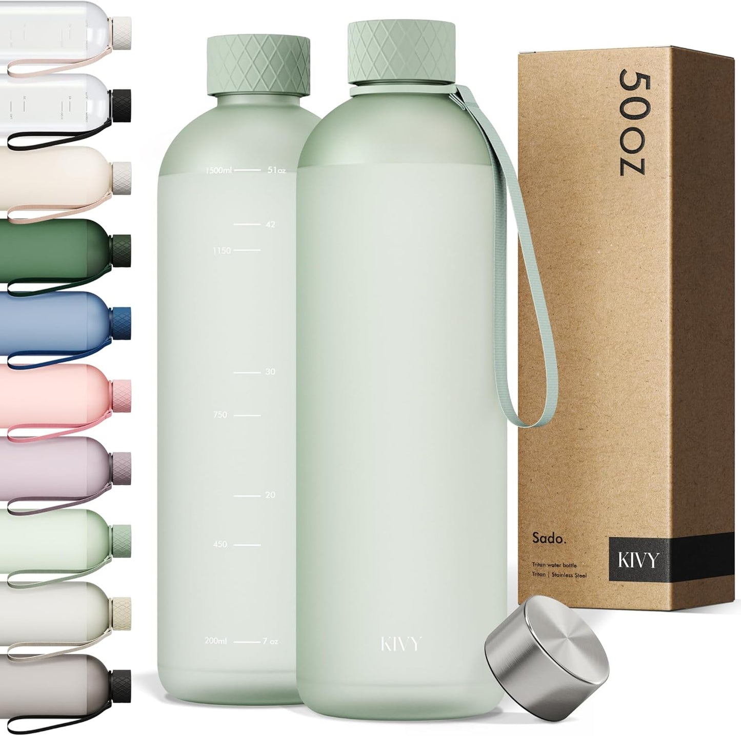 KIVY Large Water Bottle 50oz [Lightweight & Shatterproof] Fits Backpack & Cupholder for Travel, Sports, School - Extra large bottle no straw - 1.5 Liter bottles - 50oz Water bottle Green