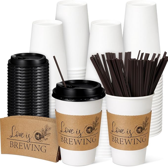 Pickmesh 50 Sets 12 oz Wedding Coffee Paper Cup Sets, Love Is Brewing by Pickmesh