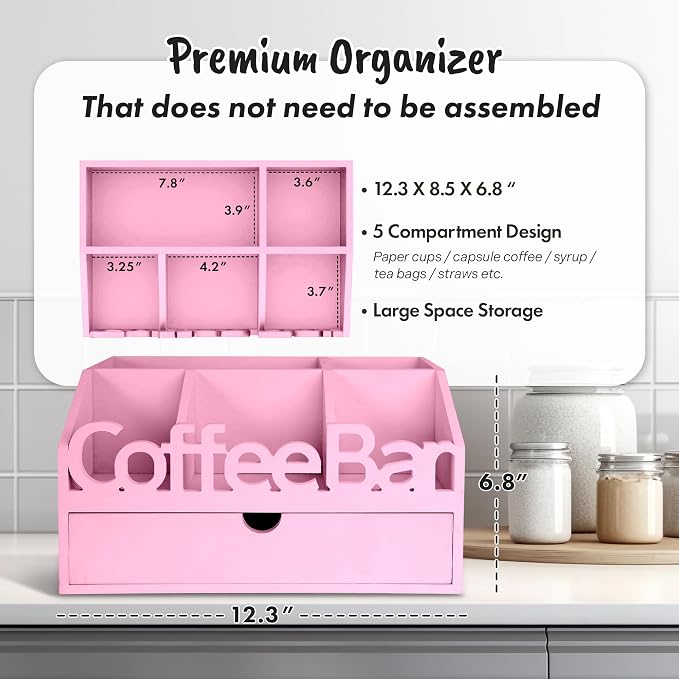 Coffee Bar Organizer Countertop, Wood Coffee Station - Image 4