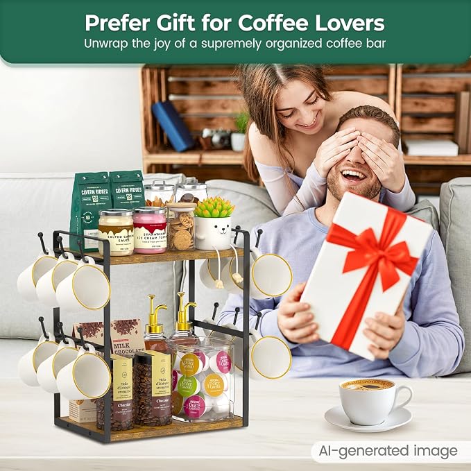 EsLuker.ly Coffee Station Bar Organizer Mug Holder Stand Countertop, 2 Tier Mug - Image 6