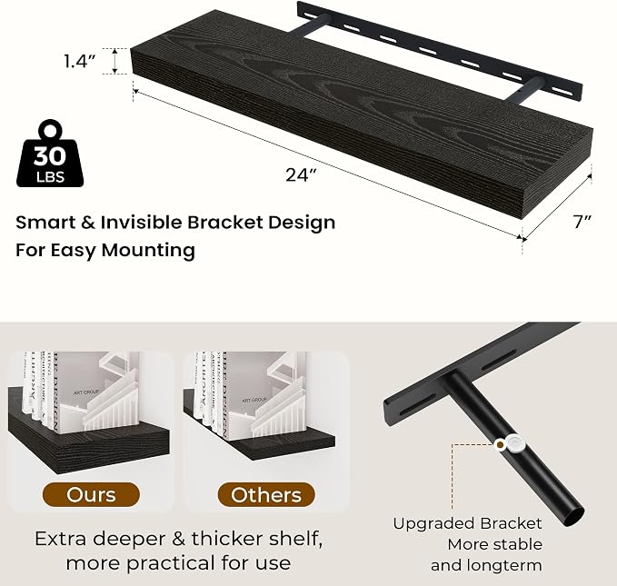 Dreamland 24 Inch Long Floating Shelves in Black, 6.7 Inch Deep Floating Shelf - Image 3