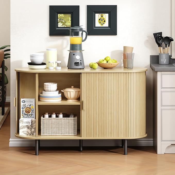 Buffet Cabinet with Storage, Fluted Sideboard Buffet with Sliding Door - Image 4