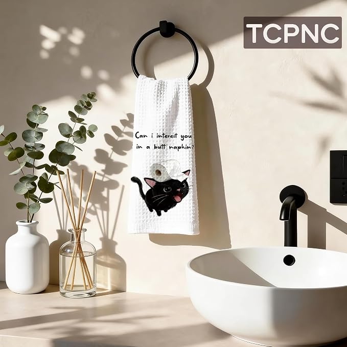 Funny Black Cat Hand Towel, Cute Black Cat Bathroom Towel - Image 3