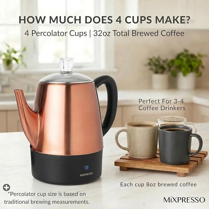 Mixpresso 4 Cup Percolator Coffee Pot Electric, Copper Stainless Steel Coffee - Image 5