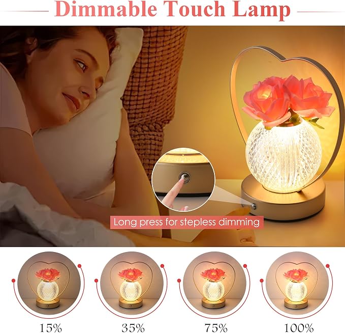 AMWGIMI Women Gifts Rose Flower Lamp, Rechargeable Cordless LED Touch Lamp | - Image 3