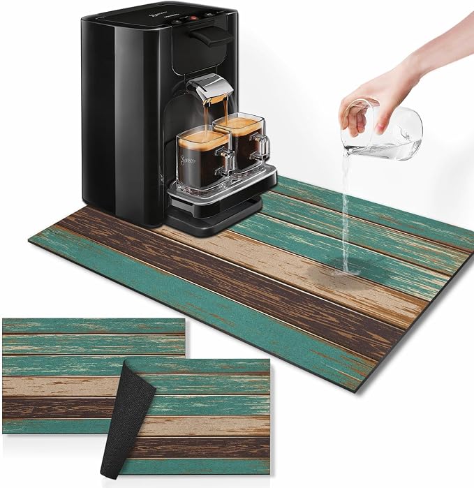 Arttown Coffee Mat for Countertops, Farmhouse Teal Brown Wood Dish Drying Mat 2 by Arttown