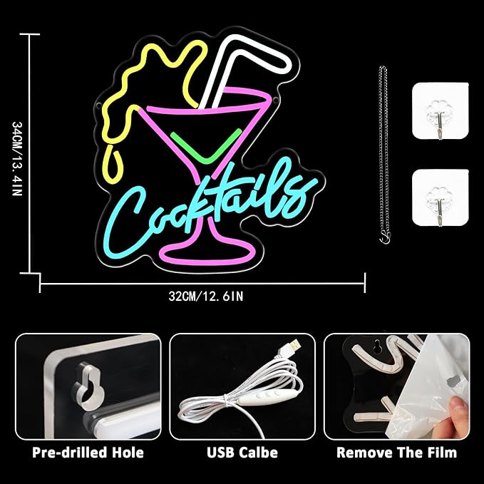 Cocktail Neon Sign for Wall Decor Bar LED Light up Signs Dimmable Cocktails - Image 2