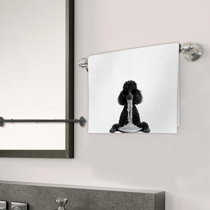 Black Poodle Gifts Wine Kitchen Towels Set of 2, Funny Black Poodle Dog Eating - Image 3