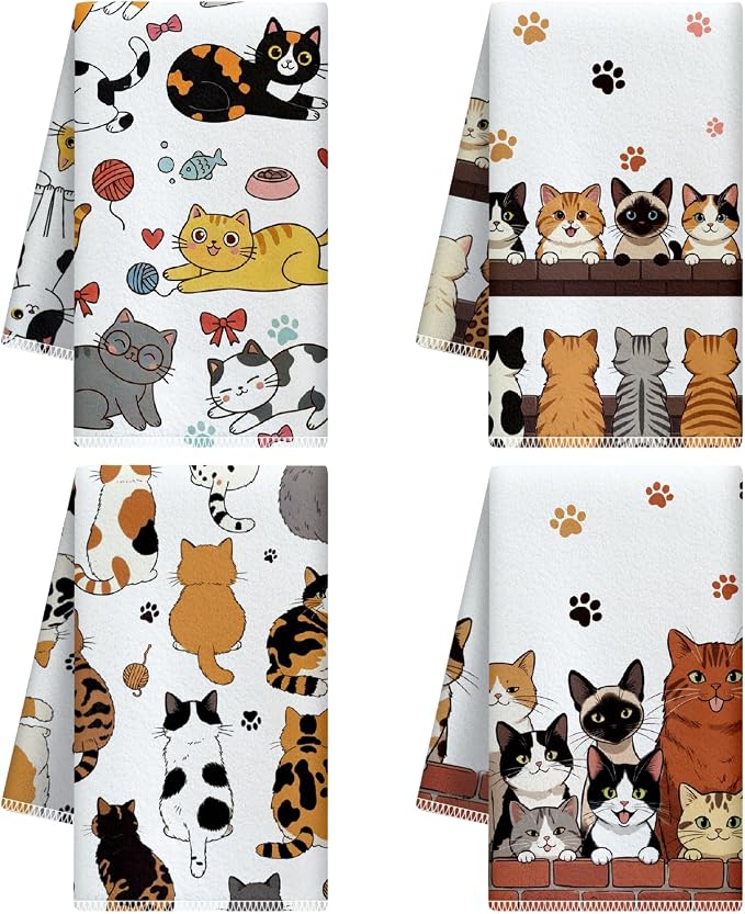 CUTHOLLOW Cat and Paw with Heart Decorative Kitchen Towels Set of 4, by CUTHOLLOW