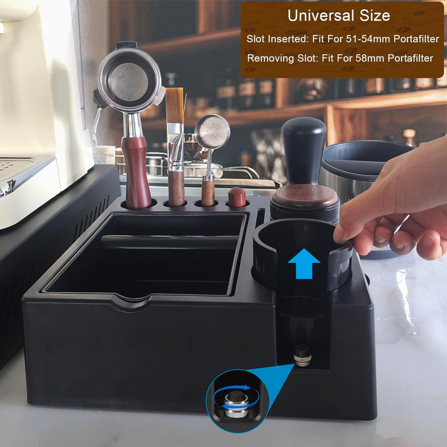Espresso tamping station knock box,tamper station,Espresso station fit for storage 51-58mm tamper,distributor,portafilter,puck screen accessories,9 in 1 espresso knock box and tamper station